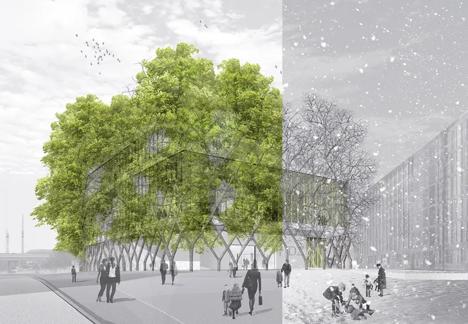 Schwarz-weiß Image eines urbanen Raums. Einzige Farbe des Bildes ist das Grün, zentral liegender Bäume die einen Großteil der Bildfläche einnehmen.