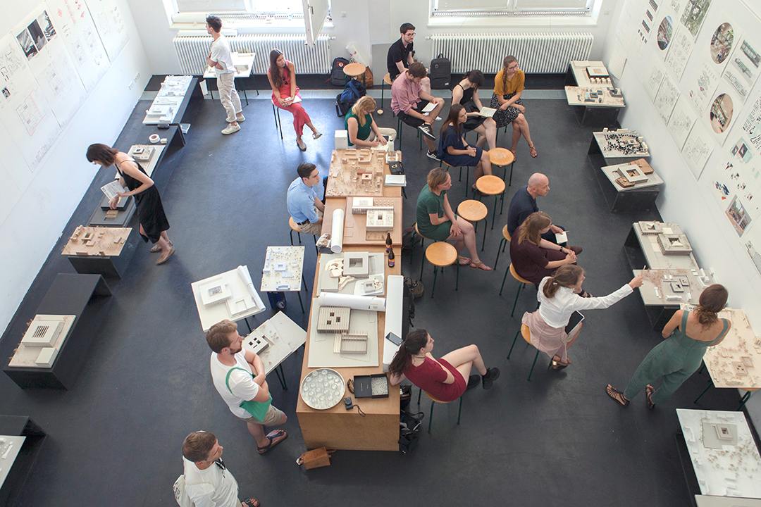 Birdview on studio with students at final critic