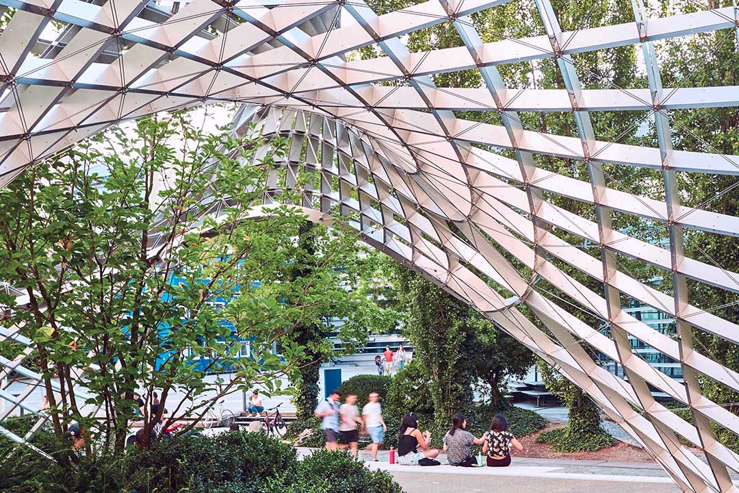 interior of pavilion structure looking into the TUM courtyard